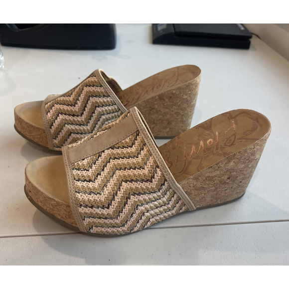 Blowfish Malibu Slip On Sandals sz 7 M Cork Wedge Slide Brown Raffia Natural - Picture 1 of 10
